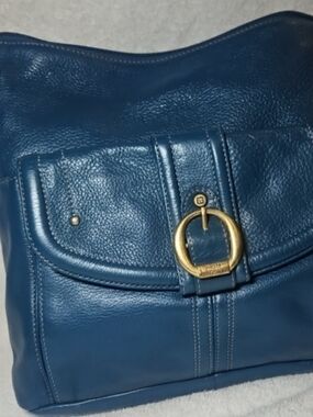 Blue Leather Shoulder Bag with Gold Buckle